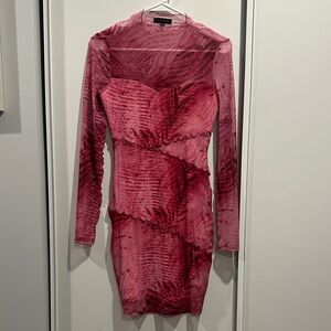 GUESS Jemma Print Mesh Long Sleeve Body-Con Small pink